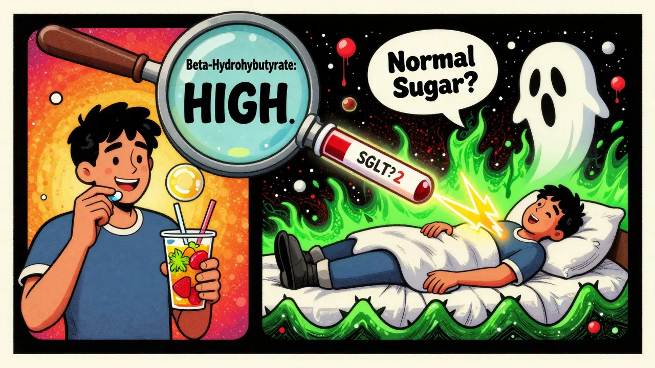 Split-image of a person taking medication versus collapsing with swirling ketones and a glowing insulin molecule intervening.