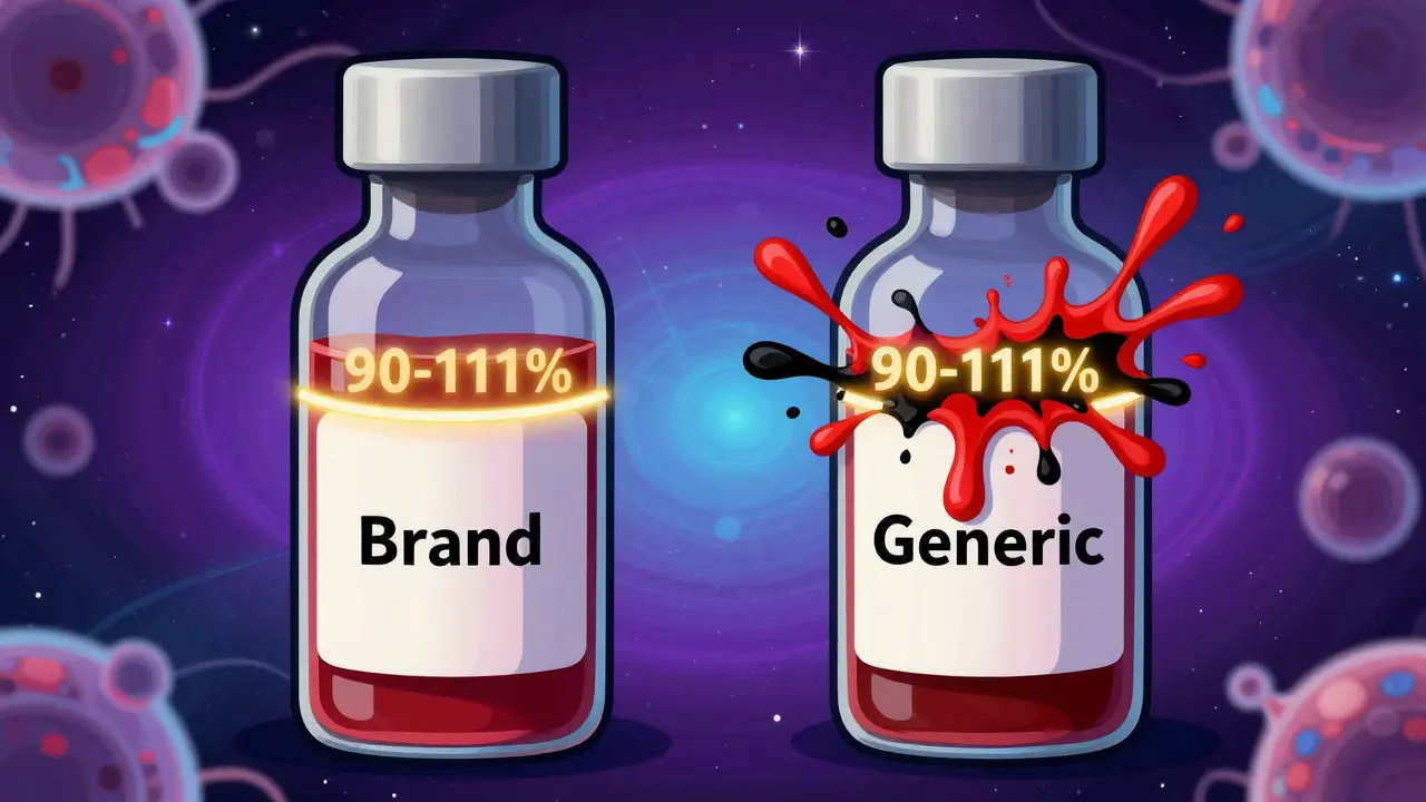 Two blood vials showing a narrow 90-111% bioequivalence range, with chaotic red and black splashes outside the safe zone.