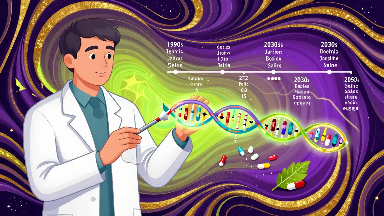 A doctor holding a DNA helix that transforms into personalized drug pathways, with a timeline showing the evolution of transplant therapy.