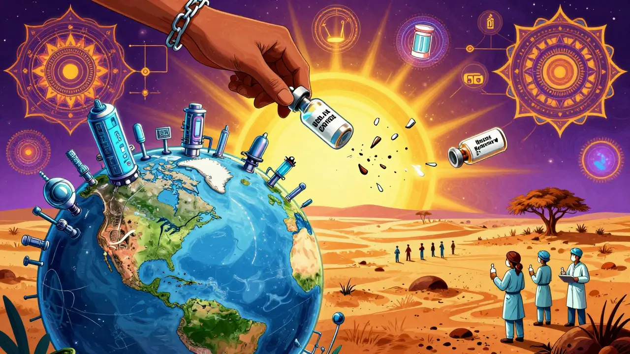 A fractured globe with high-tech labs on one side and struggling health workers on the other, a vaccine vial shattering mid-transfer under a dying sun.