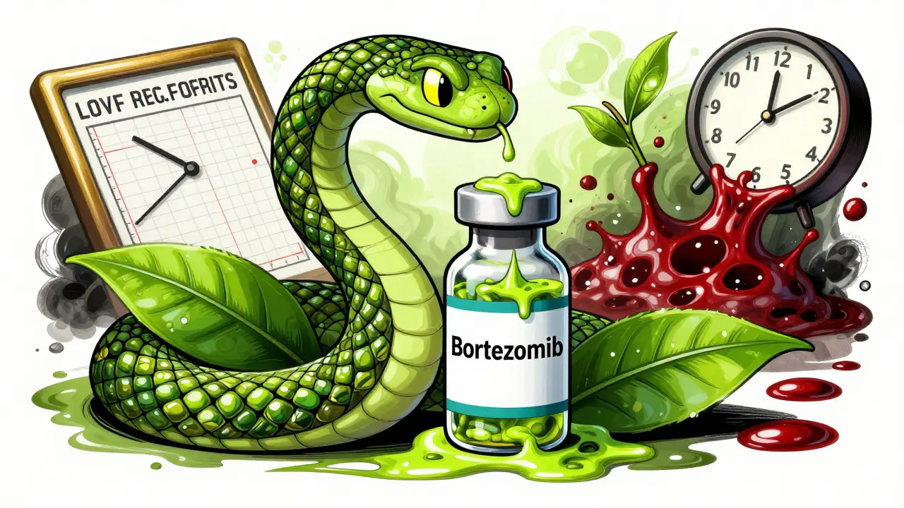 A green tea serpent coiling around a chemo vial, representing how catechins interfere with cancer drug absorption.