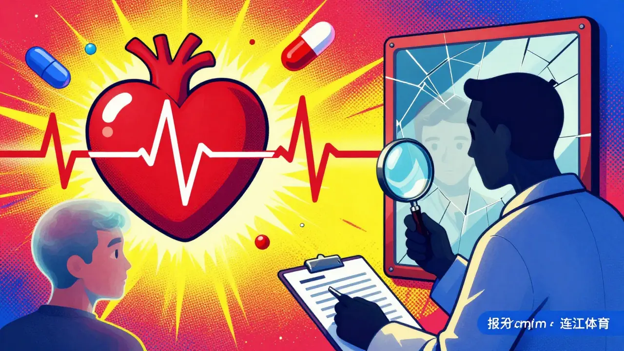 A heart with an elongated ECG line, surrounded by pills and a confused patient staring at their foggy reflection.
