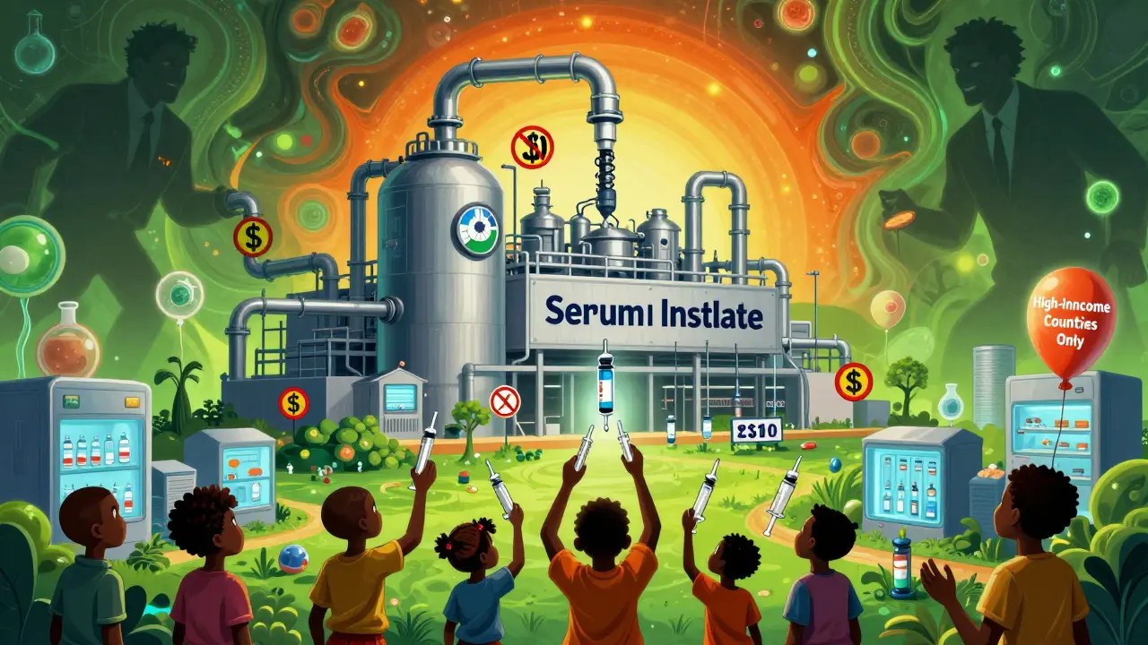 A massive Indian vaccine factory with pipes siphoned by corporate giants, while African children reach for floating doses labeled for high-income countries.