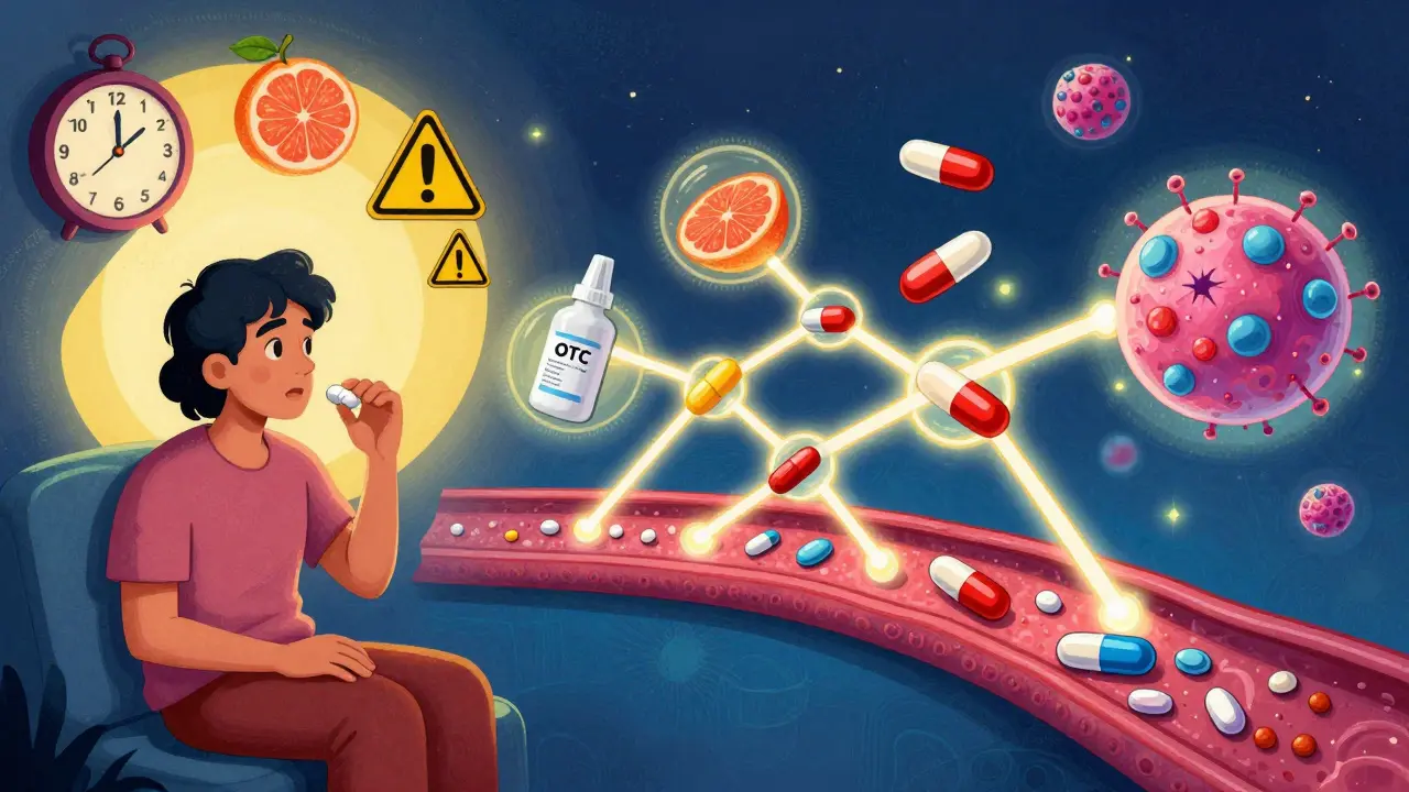 A patient taking pills at dawn with floating warning symbols on one side, and a bloodstream where drugs form a protective lattice on the other.