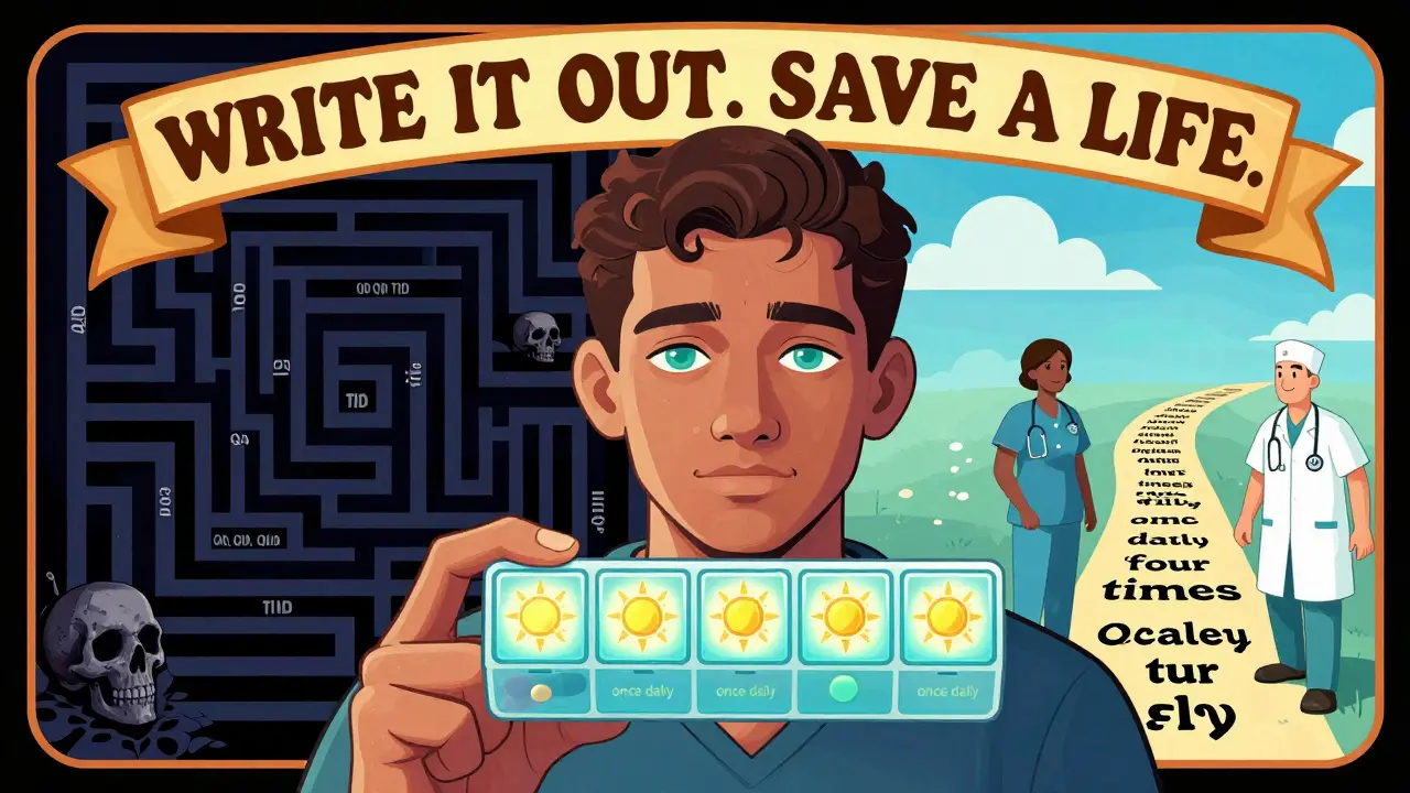 A patient with a sun-labeled pill organizer, one side dark with dangerous abbreviations, the other bright with plain language and smiling providers.