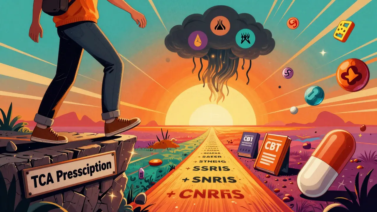 A person stepping away from dangerous pills toward safer health alternatives, with storm clouds behind them dissolving.