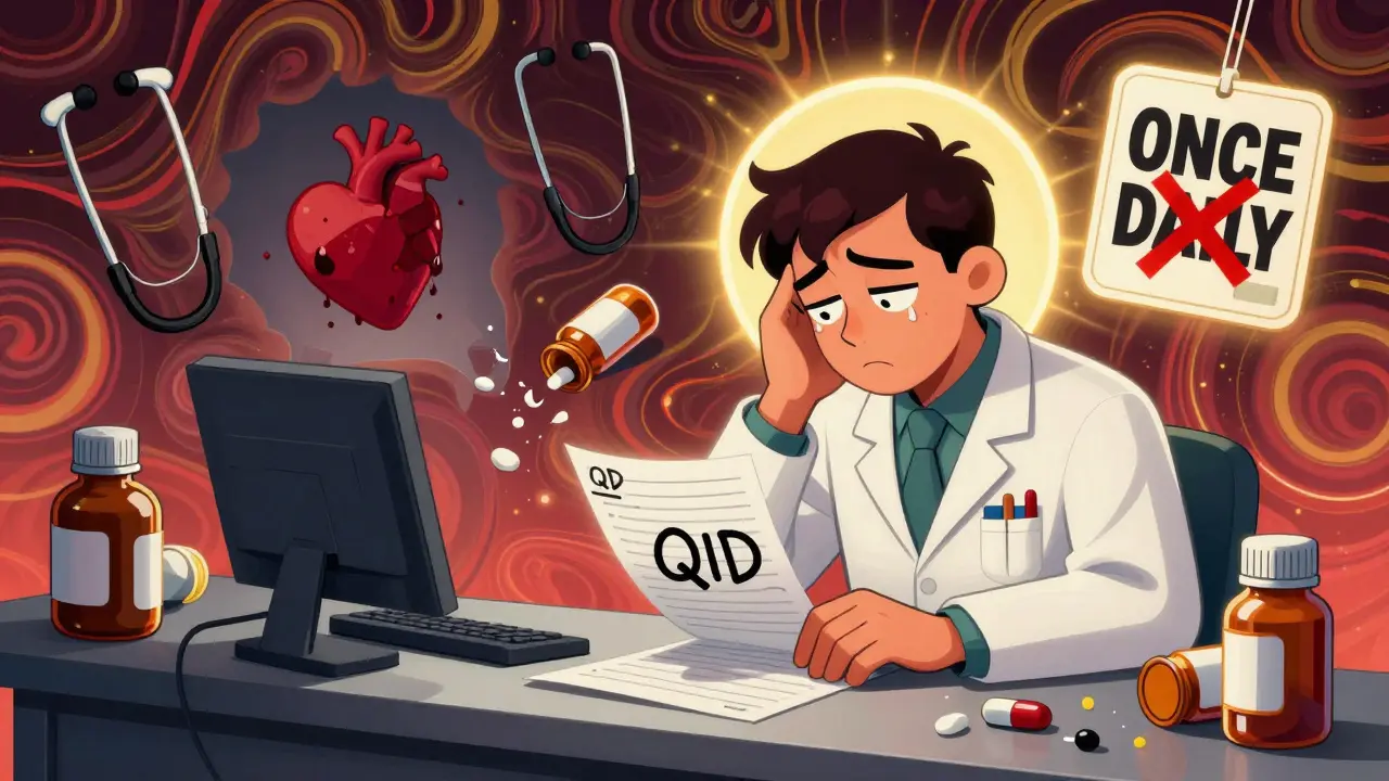 A pharmacist staring at a smudged prescription as a ghostly bleeding heart emerges from the error, with glowing 'ONCE DAILY' above broken medical tools in vibrant colors.