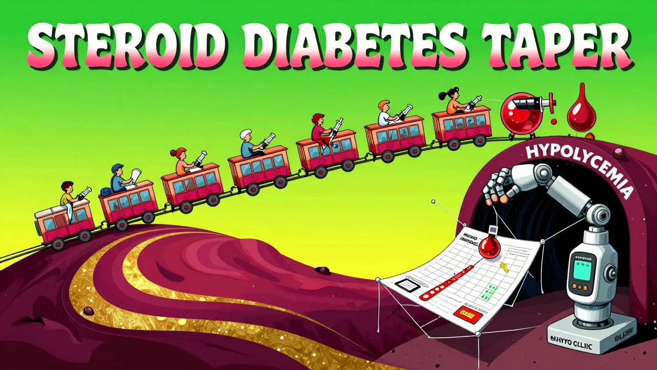 A rollercoaster ride labeled 'Steroid Diabetes Taper' with insulin syringes as trains, plunging into a hypoglycemia tunnel.
