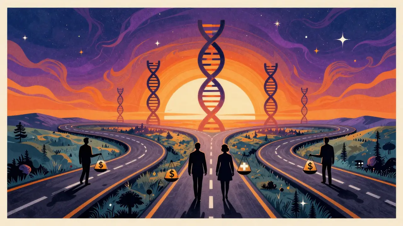 Abstract pathways leading to a DNA cityscape under a colorful sky.