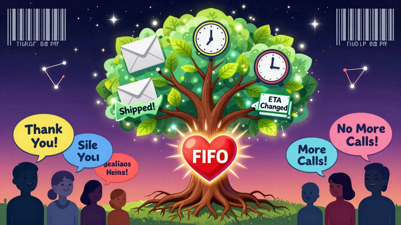 Communication tree with SMS and email leaves, roots tied to FIFO system, happy patients below with positive speech bubbles.