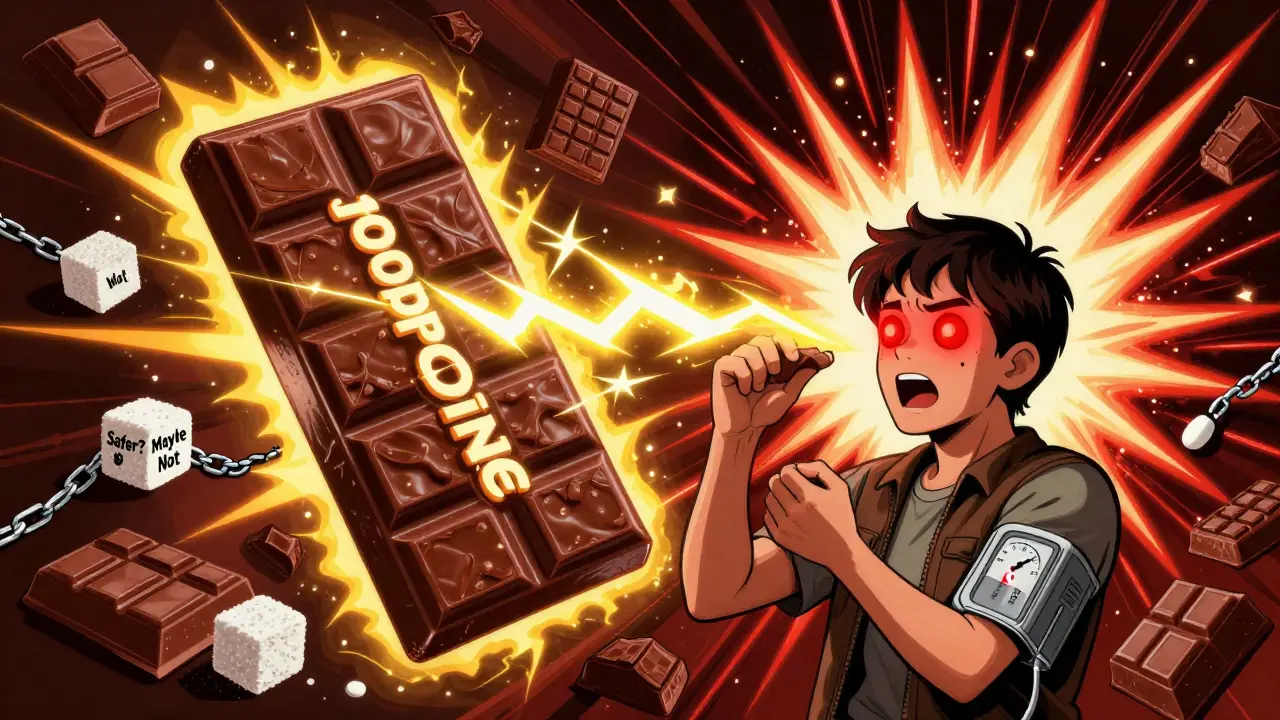 Dark chocolate emitting theobromine lightning that triggers a hypertensive crisis in someone on MAOI antidepressants.