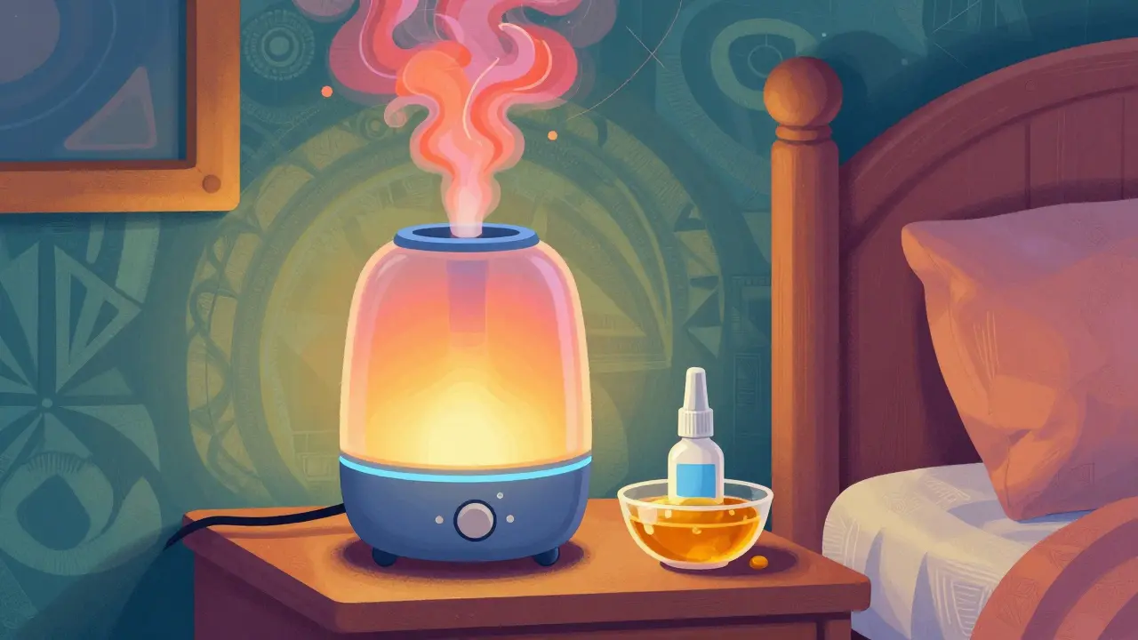 Humidifier, honey, and saline drops in colorful art