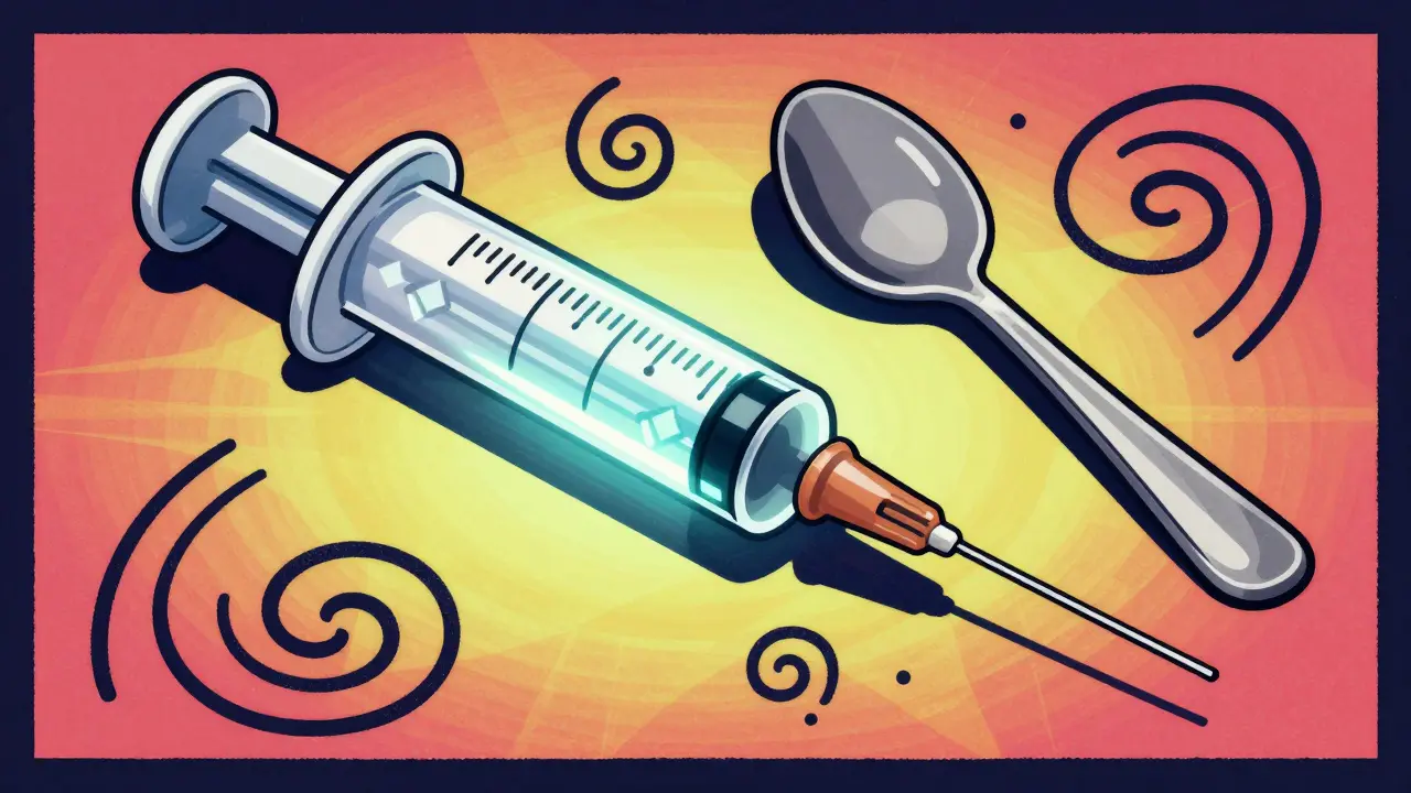 Medical syringe glowing next to kitchen spoon in art