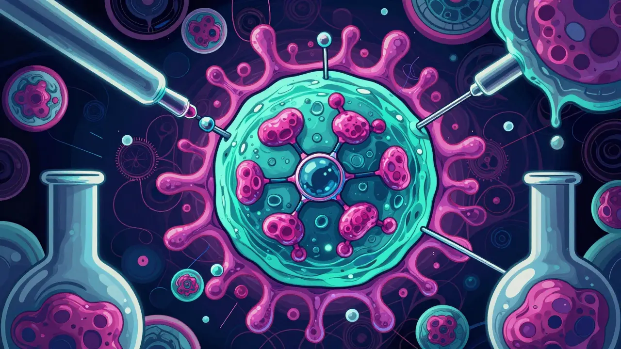 Microscopic cells with glowing sugar chains and lab tools in vibrant colors.