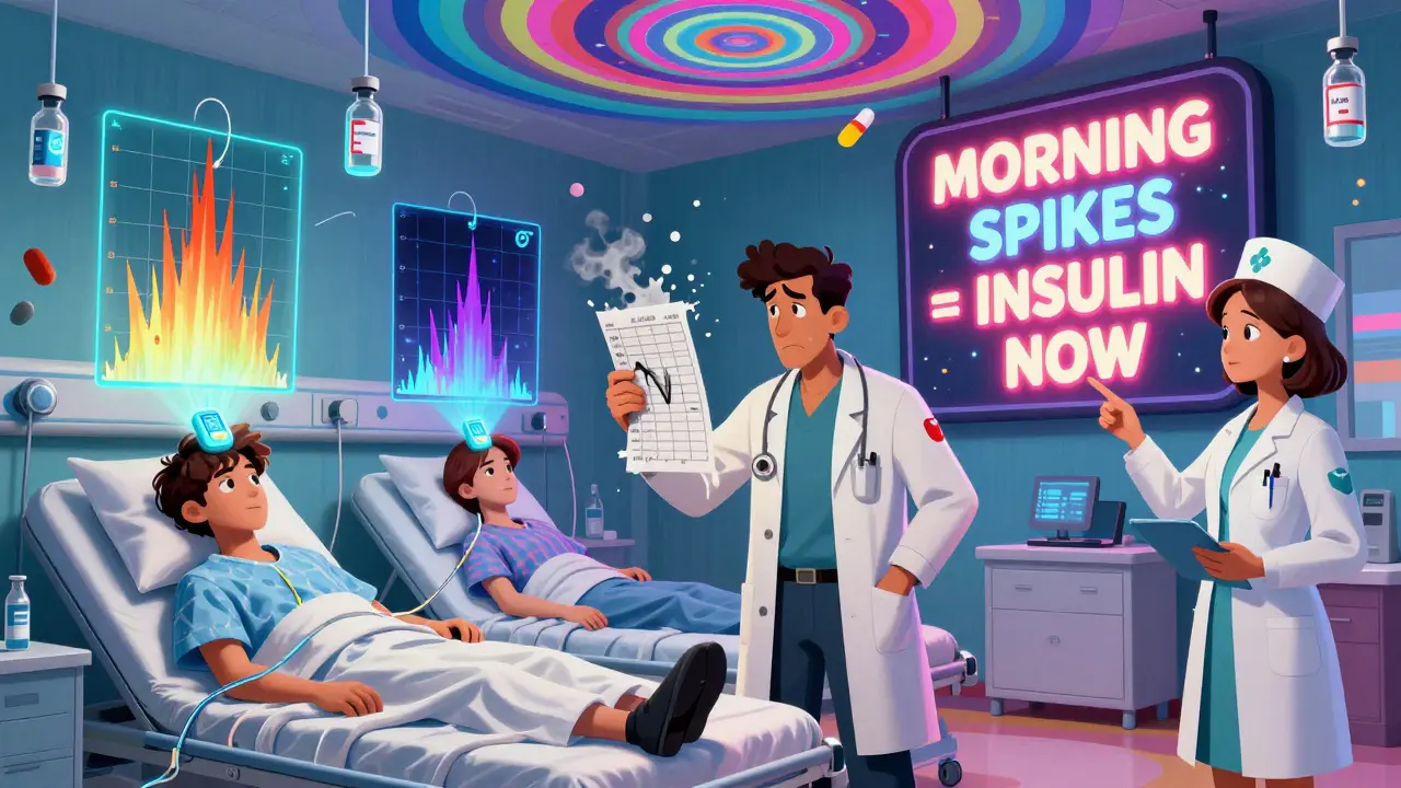 Patients in a hospital with floating glucose graphs, one spiking at dawn, while a doctor holds a crumbling insulin chart.