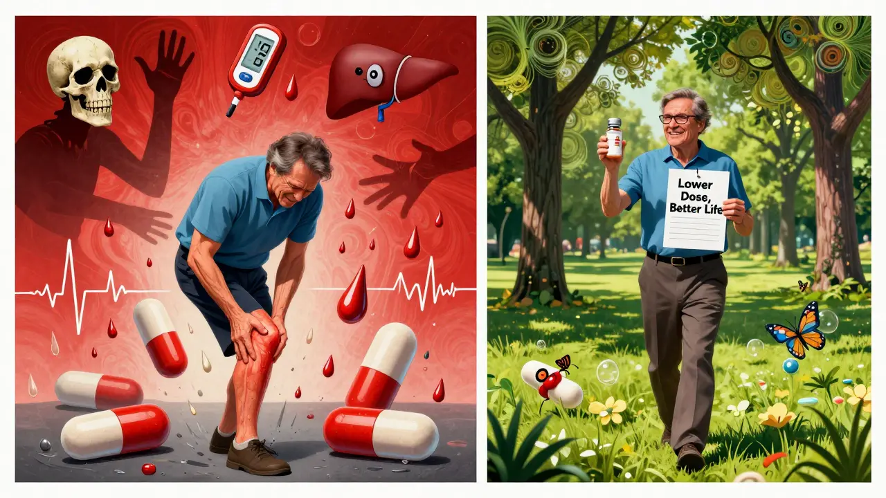 Split scene showing one side with statin side effects and fear, the other with safe alternatives and a healthy lifestyle under psychedelic colors.