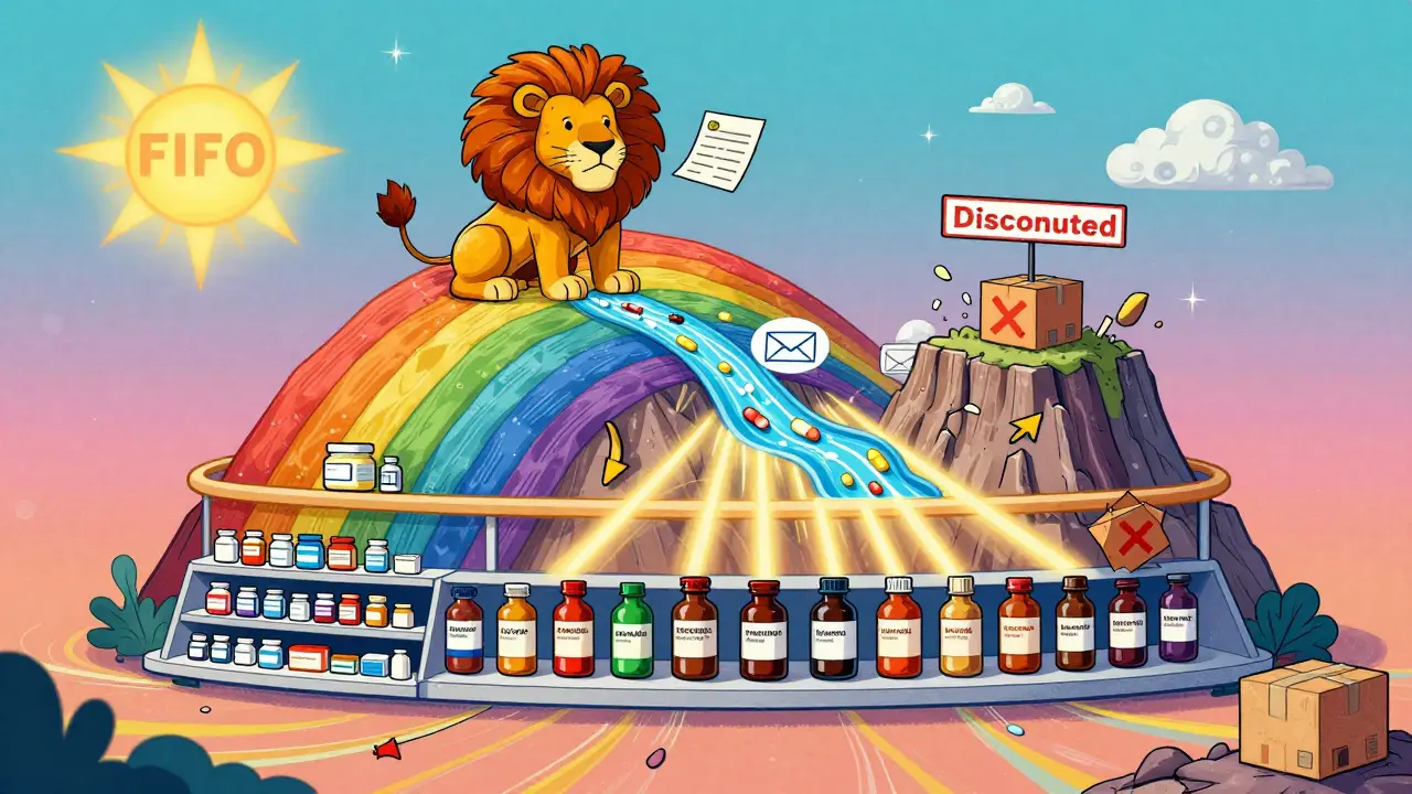 Three-tiered inventory mountain with controlled substances, standard meds, and discontinued drugs, connected by glowing FIFO arrows.