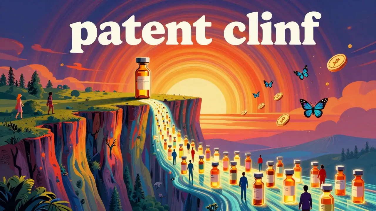 A rainbow cliff with medicine vials and a glowing river of affordable biosimilars in a surreal landscape