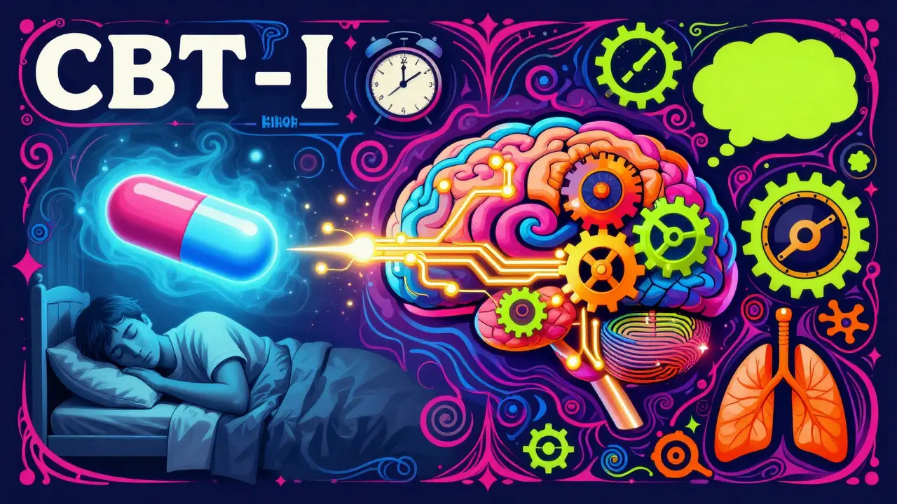 Colorful art contrasting a sedative pill with a glowing, rewired brain representing CBT-I therapy.