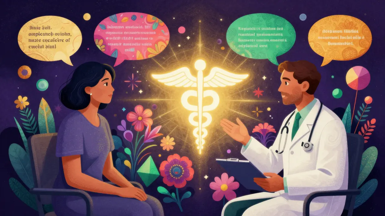 Colorful psychedelic art of a doctor and patient communicating through vibrant, flowing geometric patterns.