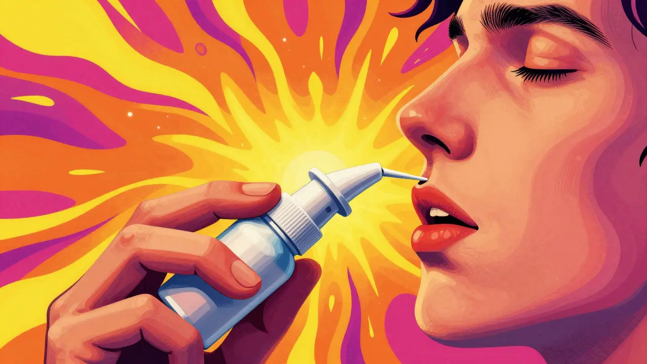 Colorful psychedelic art showing the administration of naloxone nasal spray into a nostril