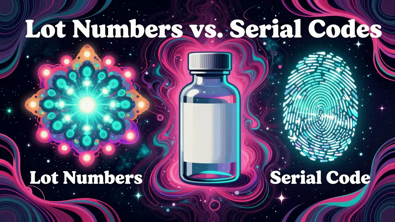 Surreal illustration comparing a group of identical batch shapes with a unique, glowing serial fingerprint.