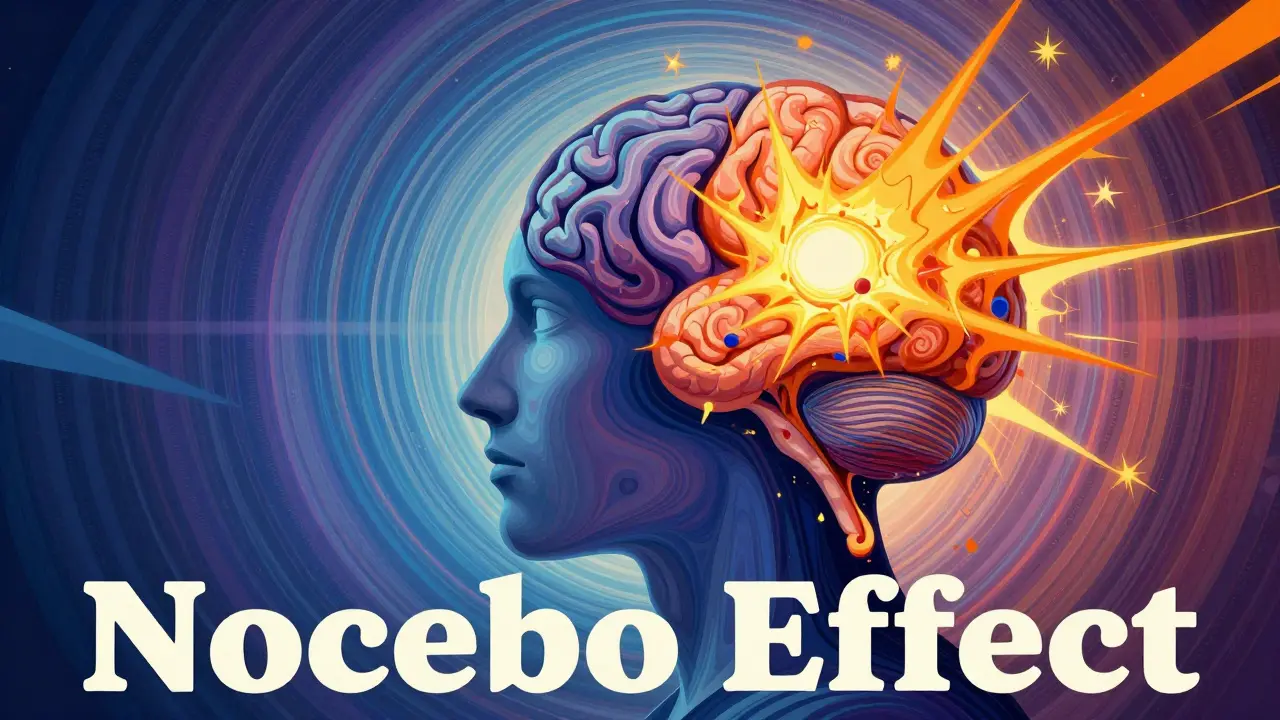 Surreal illustration of a human profile with contrasting colors depicting the psychological nocebo effect.