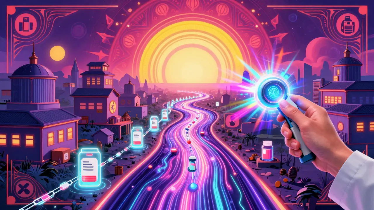 Trippy digital river representing a secure pharmaceutical supply chain with holographic links and scanners.