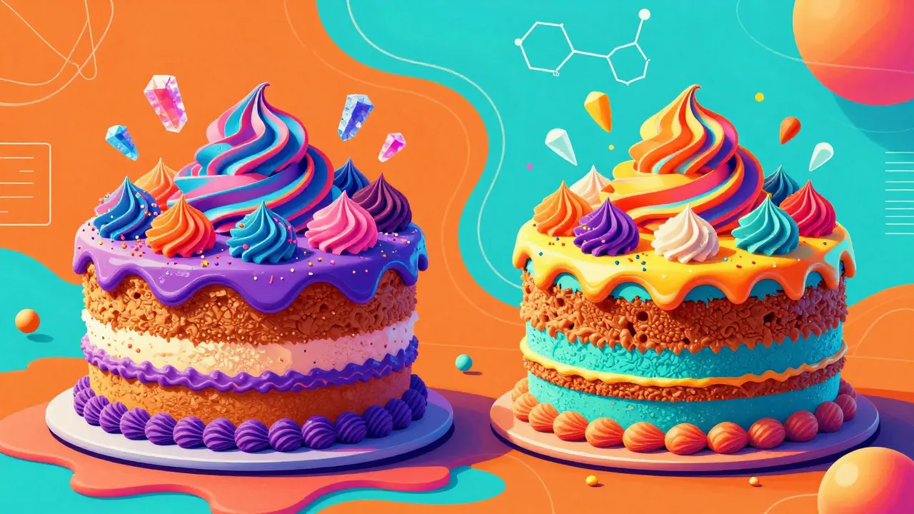 Two nearly identical colorful gourmet cakes with surreal neon frosting representing biologics and biosimilars