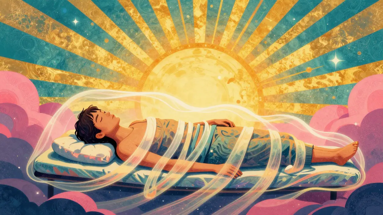 Vibrant illustration of a person in the recovery position surrounded by glowing, hopeful colors