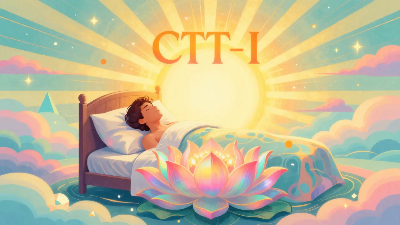 Vibrant image of a person waking up refreshed, emerging from a colorful lotus flower.